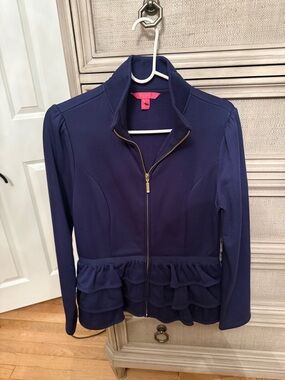 Lilly Pulitzer Azela Navy Ruffle Zip-Up Jacket with Gold Hardware